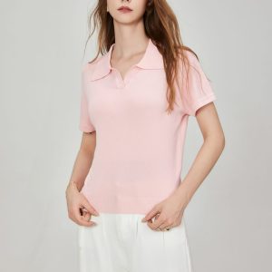OEM Women's Short Sleeve Knitted Tops Notch Collar Button Collar Rib Knit Pullover Slim Fit Cropped Blouse Shirt