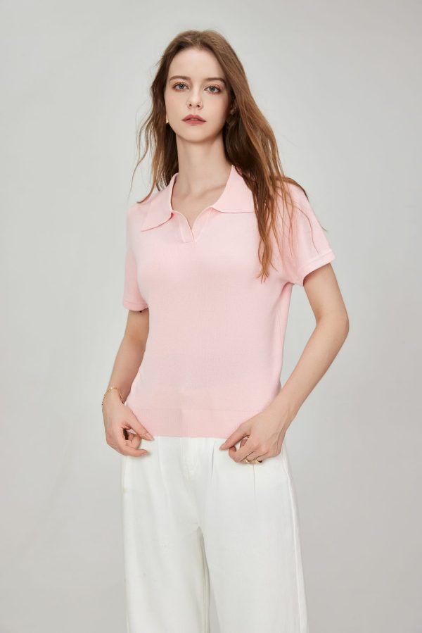 OEM Women's Short Sleeve Knitted Tops Notch Collar Button Collar Rib Knit Pullover Slim Fit Cropped Blouse Shirt
