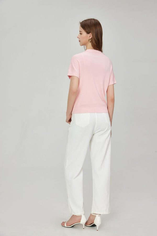 OEM Women's Short Sleeve Knitted Tops Notch Collar Button Collar Rib Knit Pullover Slim Fit Cropped Blouse Shirt - 图片 4