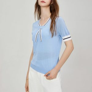 Custom Women's Striped Casual Crewneck Knit Top with Sailor Collar Short Sleeve and Ribbed Hem Breathable Pattern Top