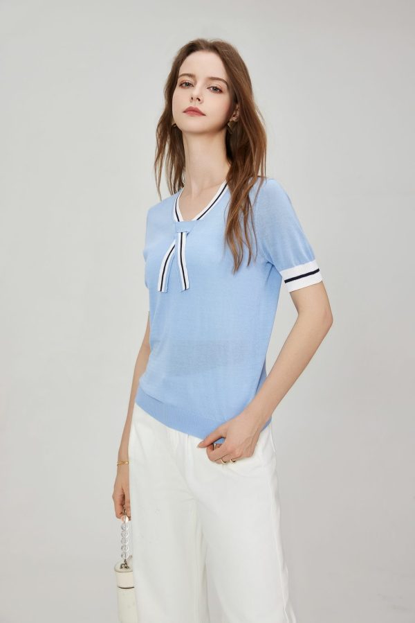 Custom Women's Striped Casual Crewneck Knit Top with Sailor Collar Short Sleeve and Ribbed Hem Breathable Pattern Top
