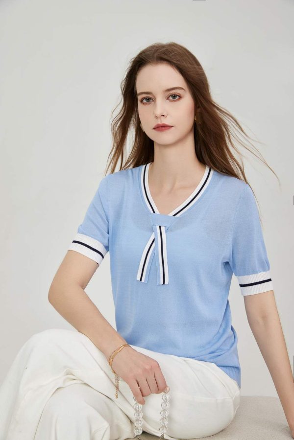 Custom Women's Striped Casual Crewneck Knit Top with Sailor Collar Short Sleeve and Ribbed Hem Breathable Pattern Top - 图片 2