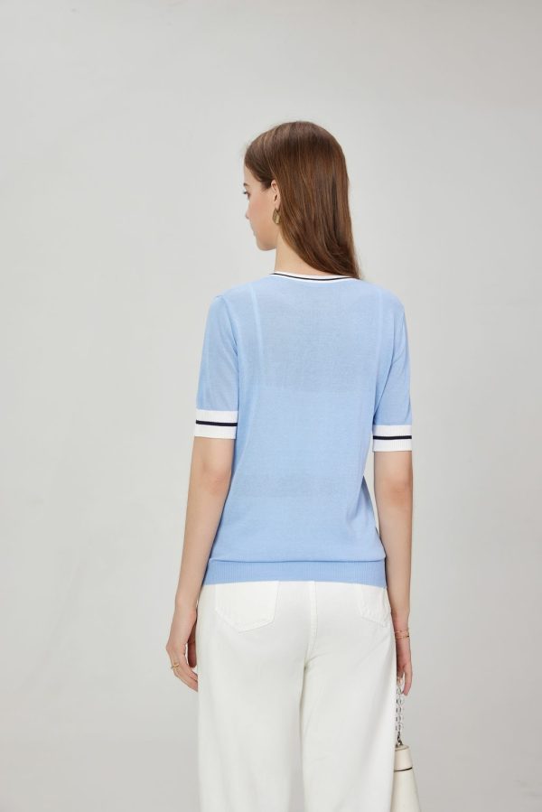 Custom Women's Striped Casual Crewneck Knit Top with Sailor Collar Short Sleeve and Ribbed Hem Breathable Pattern Top - 图片 4