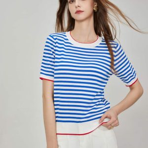 Custom Slim Fit British Sle Striped Knitted Short Sleeve Pure Shirt Crew Neck Thin Top Trendy Headland Top Casual Wear
