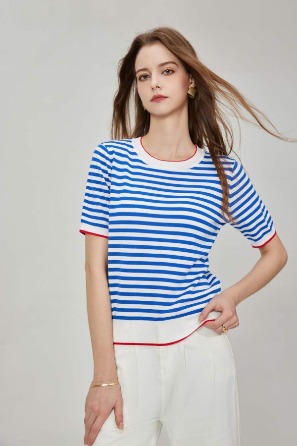 Custom Slim Fit British Sle Striped Knitted Short Sleeve Pure Shirt Crew Neck Thin Top Trendy Headland Top Casual Wear