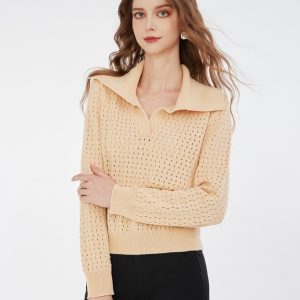 Knitwear Factory OEM Relaxed Fit Polo Collar Sweater Women's Breathable Hollow-Out Knit Top in Apricot