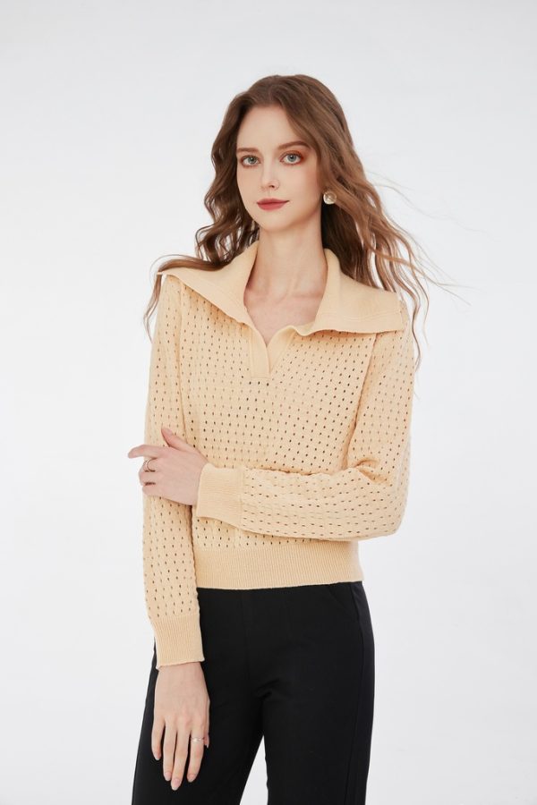 Knitwear Factory OEM Relaxed Fit Polo Collar Sweater Women's Breathable Hollow-Out Knit Top in Apricot