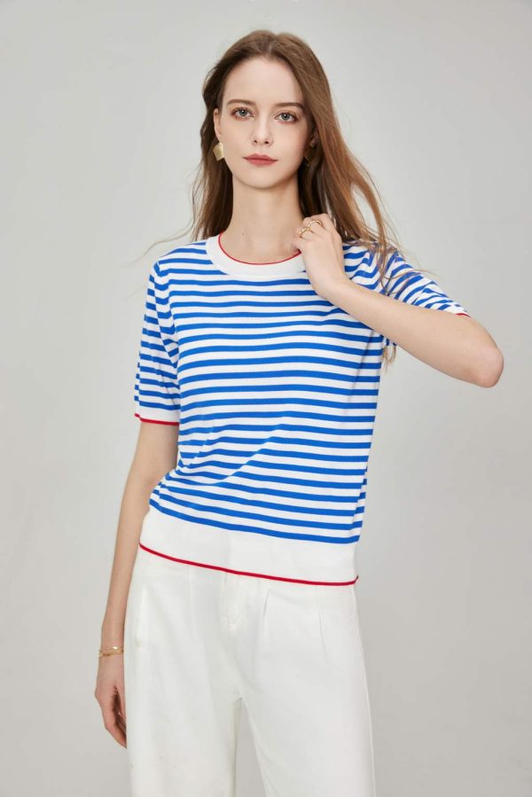 Custom Slim Fit British Sle Striped Knitted Short Sleeve Pure Shirt Crew Neck Thin Top Trendy Headland Top Casual Wear - 图片 2