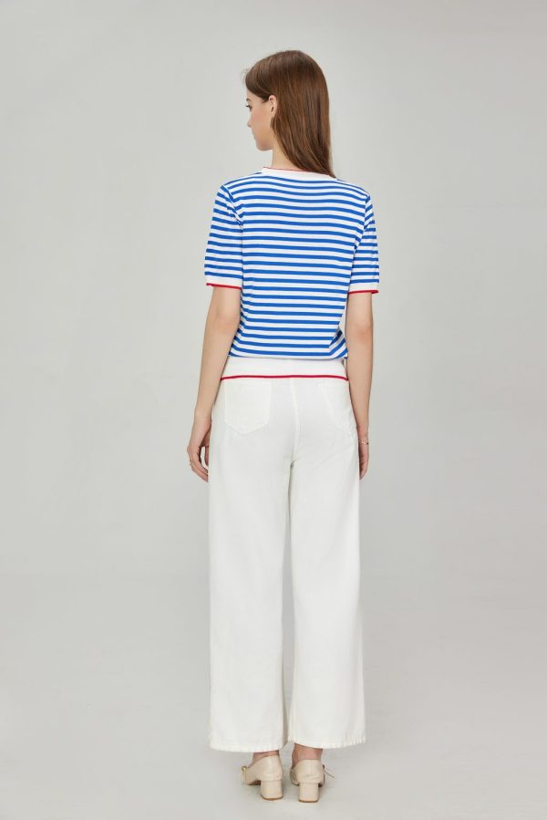 Custom Slim Fit British Sle Striped Knitted Short Sleeve Pure Shirt Crew Neck Thin Top Trendy Headland Top Casual Wear - 图片 4