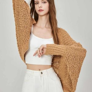 Custom Women's Open Front Sequined Cardigan Long Sleeve Bat Jacket Coat with Chunky Knit Casual Style Sweater