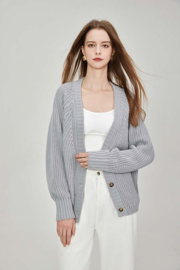 Custom Solid Color V-Neck Button Front Women's Knitted Cardigan Classic Retro Long Sleeve Top Knitted Sweater Jacket Coat - 图片 2