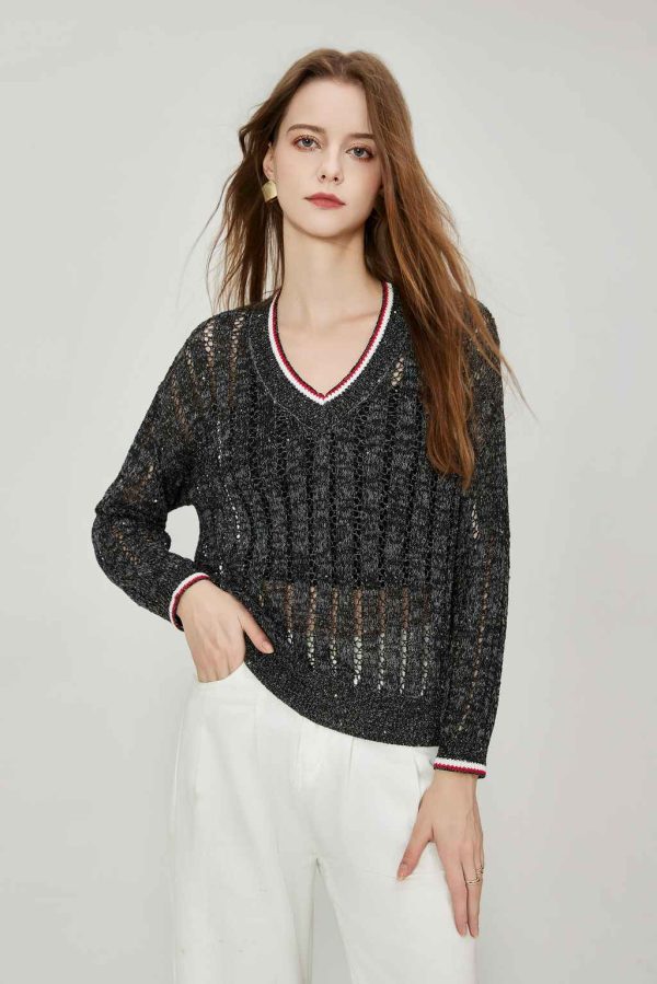High Quality Custom Women's Casual Striped Pullover Knit Top V-Neck Long Sleeve Dazzling Sequined Corespun Hollow Mesh Knit Top - 图片 2