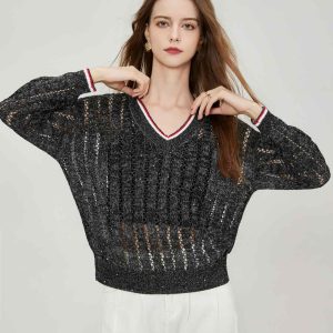 High Quality Custom Women's Casual Striped Pullover Knit Top V-Neck Long Sleeve Dazzling Sequined Corespun Hollow Mesh Knit Top