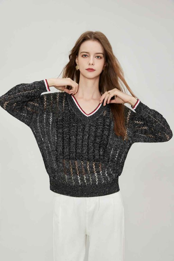 High Quality Custom Women's Casual Striped Pullover Knit Top V-Neck Long Sleeve Dazzling Sequined Corespun Hollow Mesh Knit Top