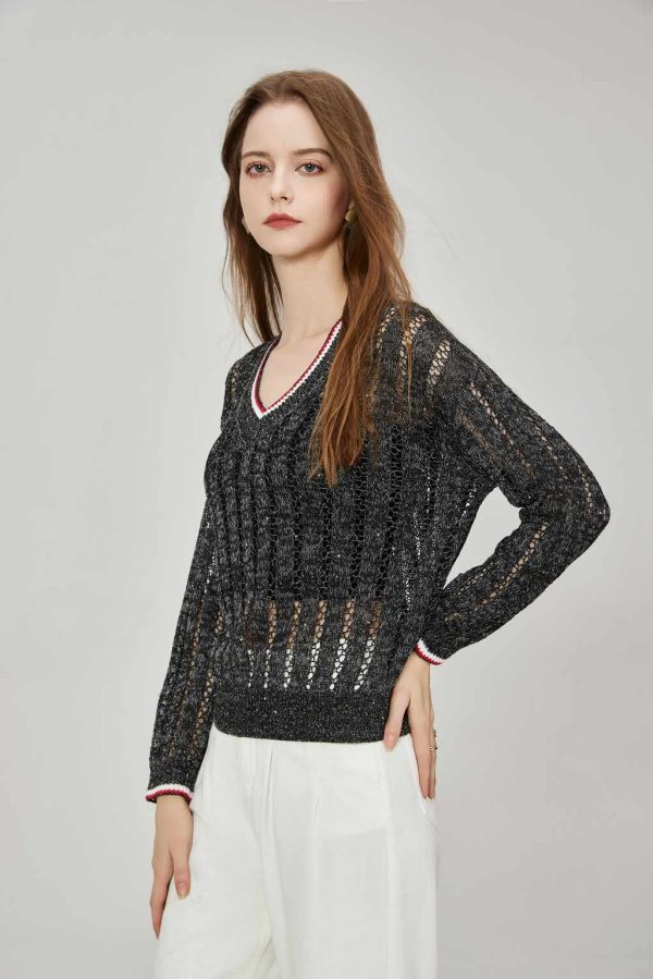 High Quality Custom Women's Casual Striped Pullover Knit Top V-Neck Long Sleeve Dazzling Sequined Corespun Hollow Mesh Knit Top - 图片 3