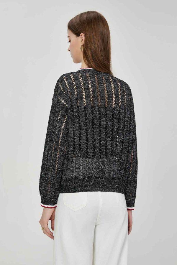 High Quality Custom Women's Casual Striped Pullover Knit Top V-Neck Long Sleeve Dazzling Sequined Corespun Hollow Mesh Knit Top - 图片 4