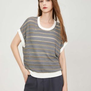 Custom 2025 Women's Casual Pullover Knit Top Hollow Mesh Knitwear with Cap Sleeve Ribbed Cuffs Ribbed Hem Knitted Vest
