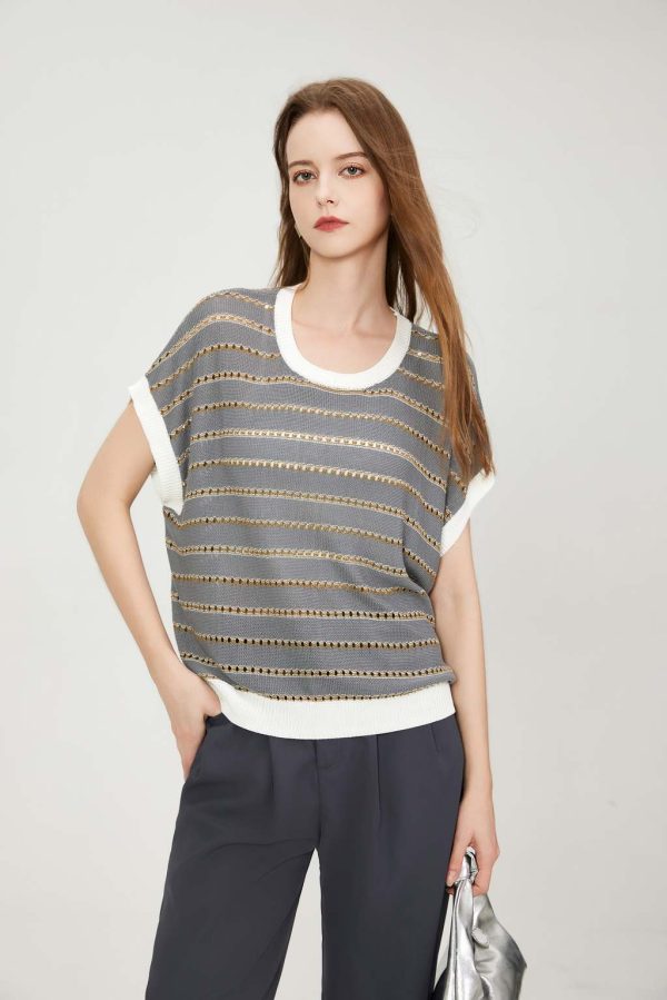 Custom 2025 Women's Casual Pullover Knit Top Hollow Mesh Knitwear with Cap Sleeve Ribbed Cuffs Ribbed Hem Knitted Vest