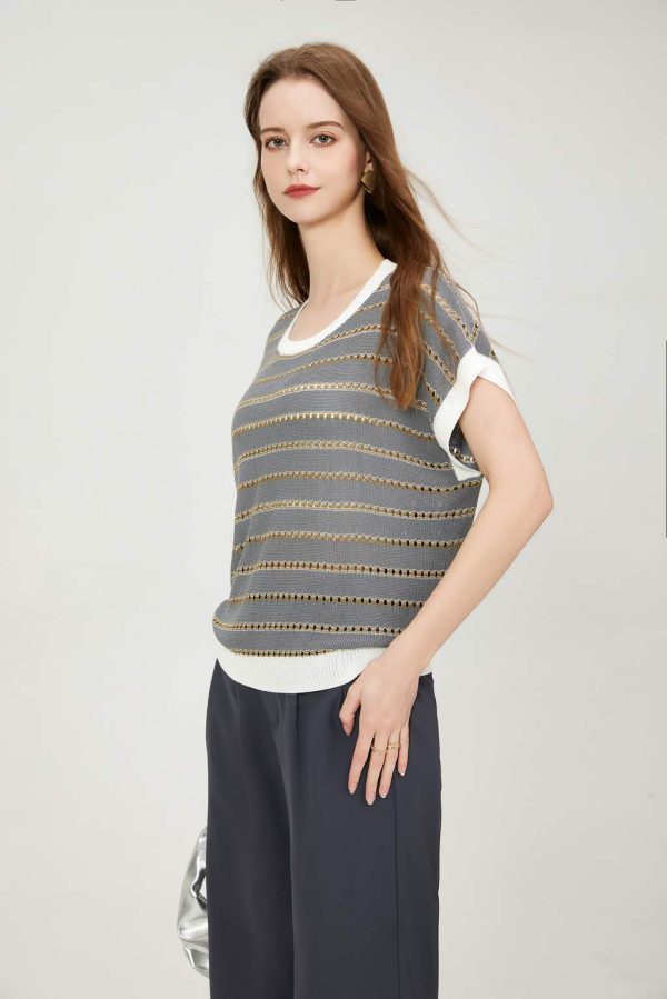 Custom 2025 Women's Casual Pullover Knit Top Hollow Mesh Knitwear with Cap Sleeve Ribbed Cuffs Ribbed Hem Knitted Vest - 图片 3