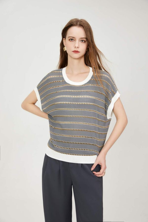 Custom 2025 Women's Casual Pullover Knit Top Hollow Mesh Knitwear with Cap Sleeve Ribbed Cuffs Ribbed Hem Knitted Vest - 图片 2