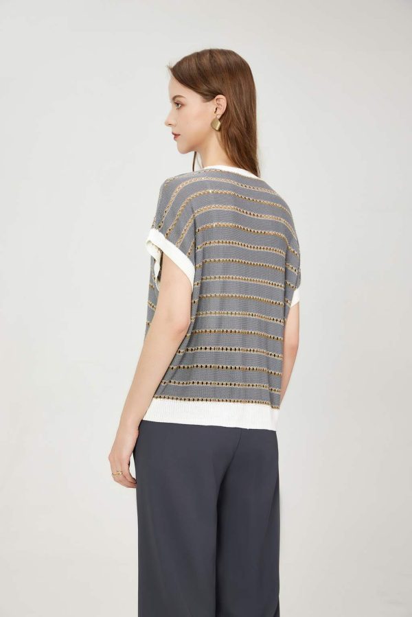Custom 2025 Women's Casual Pullover Knit Top Hollow Mesh Knitwear with Cap Sleeve Ribbed Cuffs Ribbed Hem Knitted Vest - 图片 4
