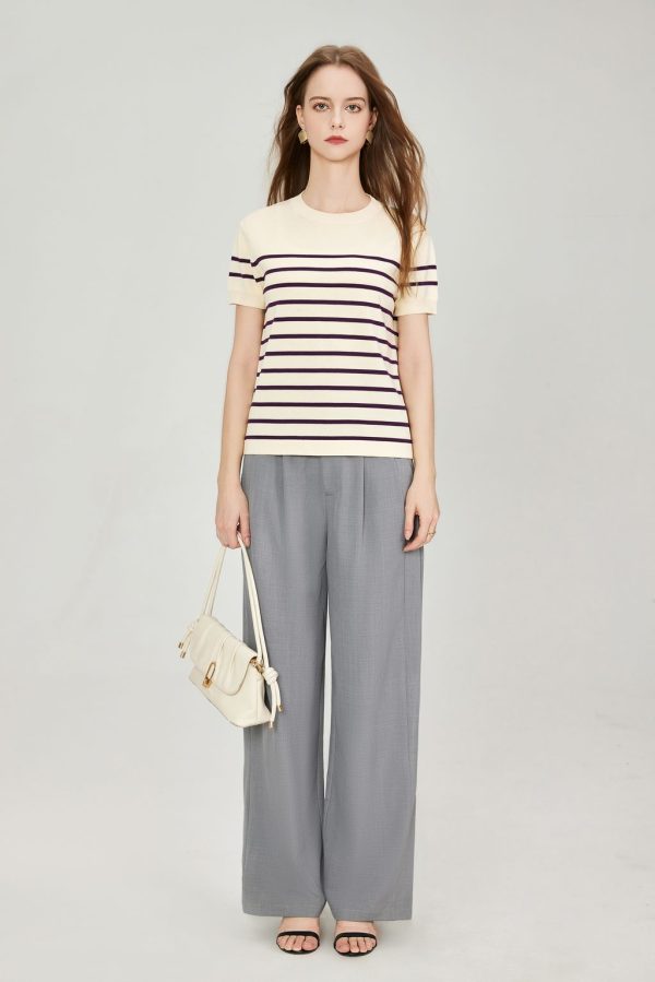 Women's Two-color Striped O-neck Short Sleeved Casual Pullover Knitted Top Knitwear - 图片 2