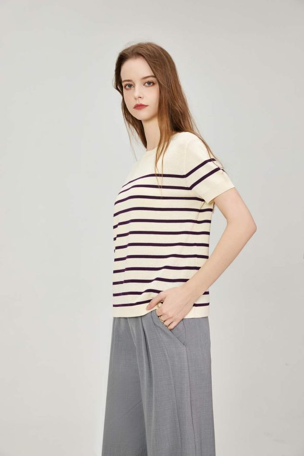 Women's Two-color Striped O-neck Short Sleeved Casual Pullover Knitted Top Knitwear - 图片 3