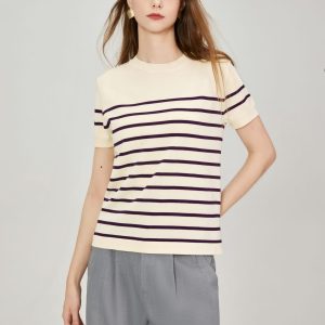 Women's Two-color Striped O-neck Short Sleeved Casual Pullover Knitted Top Knitwear