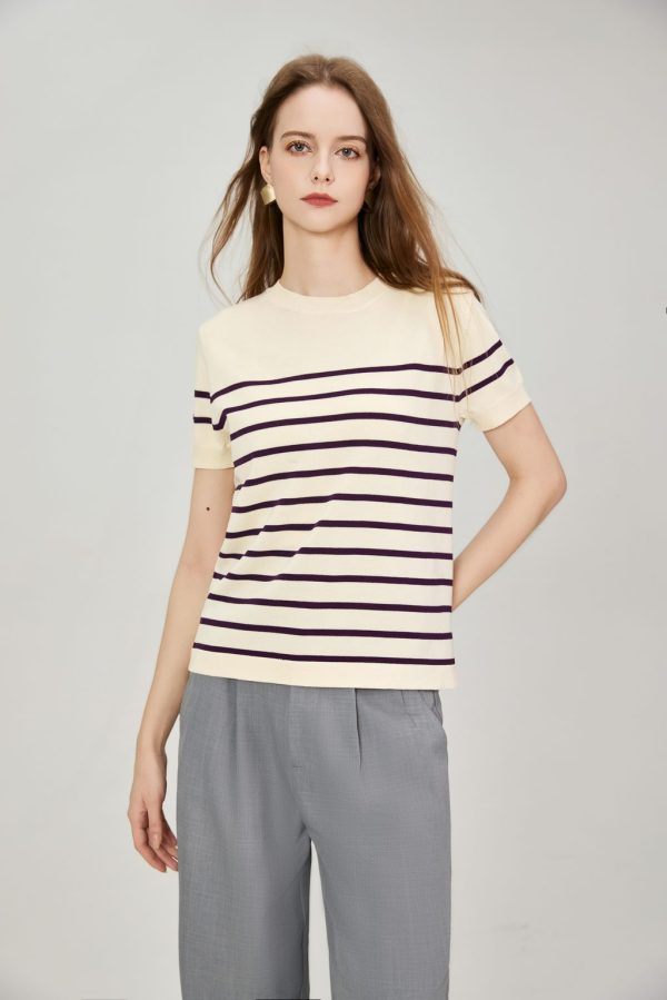 Women's Two-color Striped O-neck Short Sleeved Casual Pullover Knitted Top Knitwear