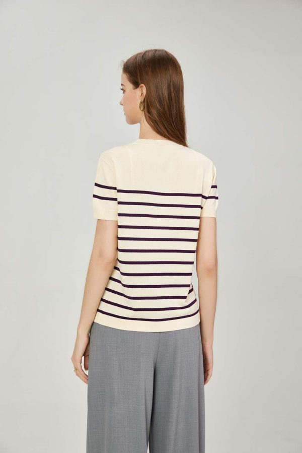 Women's Two-color Striped O-neck Short Sleeved Casual Pullover Knitted Top Knitwear - 图片 4