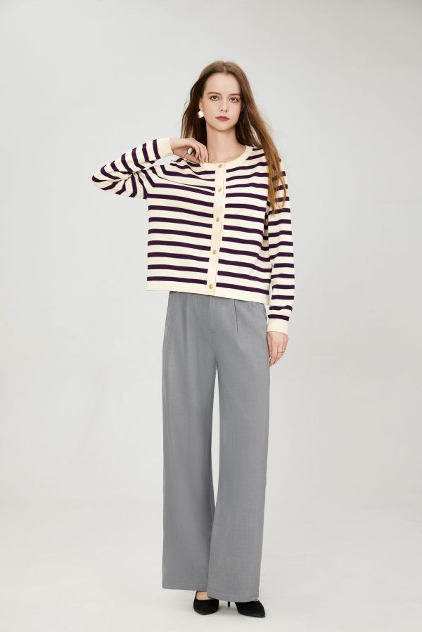 Women's Striped Cardigan Knitted Gold Button O-Neck Sweater with Pocket Cut Knitted Women's Casual Jacket Coat - 图片 2