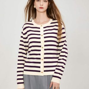 Women's Striped Cardigan Knitted Gold Button O-Neck Sweater with Pocket Cut Knitted Women's Casual Jacket Coat