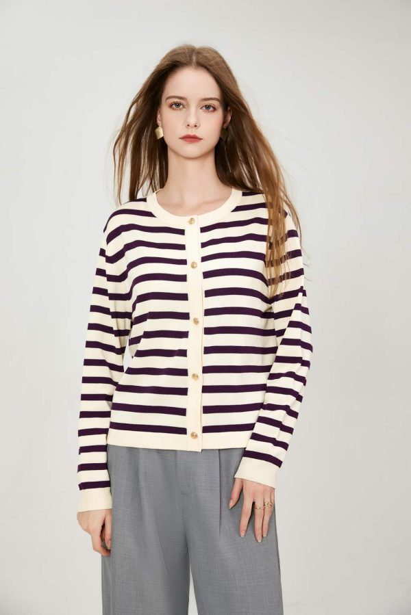 Women's Striped Cardigan Knitted Gold Button O-Neck Sweater with Pocket Cut Knitted Women's Casual Jacket Coat