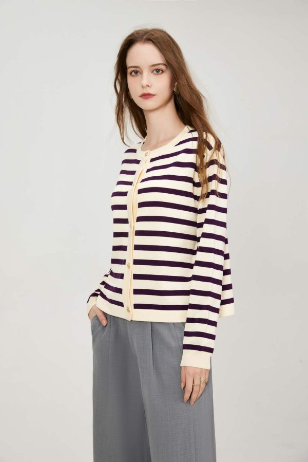 Women's Striped Cardigan Knitted Gold Button O-Neck Sweater with Pocket Cut Knitted Women's Casual Jacket Coat - 图片 3