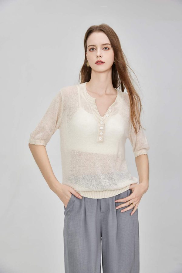 Women's Lightweight Wool Knit Henley Sweater Breathable Solid Color Pullover with Ribbed Cuffs Hem Casual Style - 图片 2
