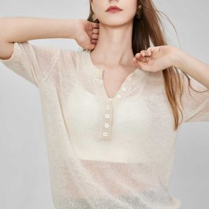 Women's Lightweight Wool Knit Henley Sweater Breathable Solid Color Pullover with Ribbed Cuffs Hem Casual Style