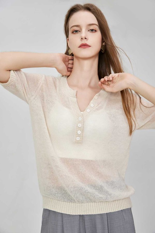 Women's Lightweight Wool Knit Henley Sweater Breathable Solid Color Pullover with Ribbed Cuffs Hem Casual Style