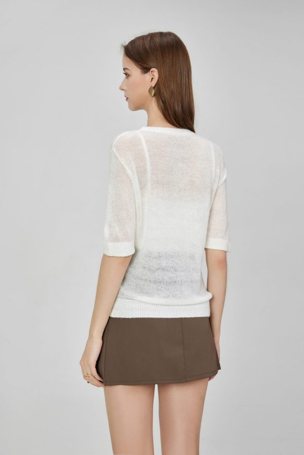 Custom Women's Sweet Embroidered O-neck Knitted Top Translucent Knitted Ribbed Cuffs Hem Short-sleeved Pullover Shirt Sweater - 图片 4