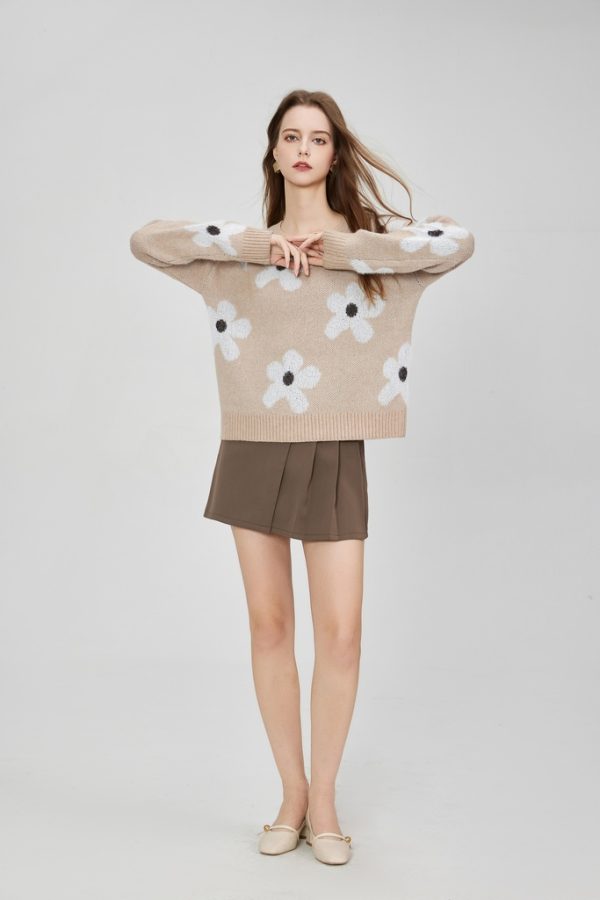 Women's Knitted Blended Floral Pullover Sweater Autumn and Winter Long Sleeve Round Neck Ribbed Cuffs Hem Loose Knitwear - 图片 2