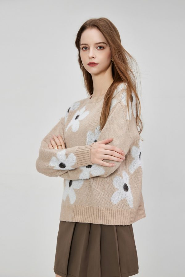 Women's Knitted Blended Floral Pullover Sweater Autumn and Winter Long Sleeve Round Neck Ribbed Cuffs Hem Loose Knitwear - 图片 3