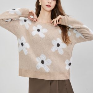 Women's Knitted Blended Floral Pullover Sweater Autumn and Winter Long Sleeve Round Neck Ribbed Cuffs Hem Loose Knitwear