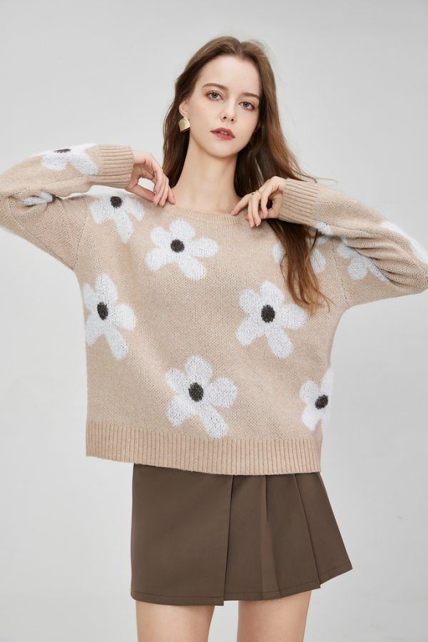 Women's Knitted Blended Floral Pullover Sweater Autumn and Winter Long Sleeve Round Neck Ribbed Cuffs Hem Loose Knitwear