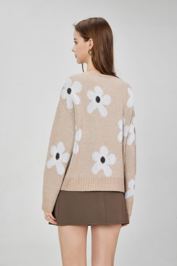 Women's Knitted Blended Floral Pullover Sweater Autumn and Winter Long Sleeve Round Neck Ribbed Cuffs Hem Loose Knitwear - 图片 4