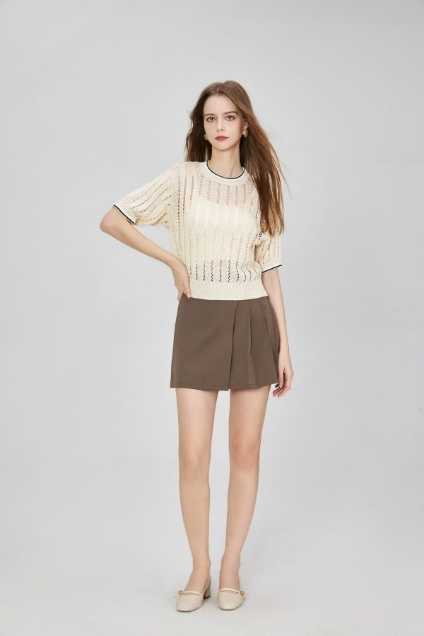 Custom Women's Casual Striped Three-Quarter Sleeve Breathable Hollow Knit Top Dazzling Ribbed Net Sweater Knitwear - 图片 3