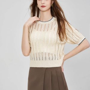 Custom Women's Casual Striped Three-Quarter Sleeve Breathable Hollow Knit Top Dazzling Ribbed Net Sweater Knitwear