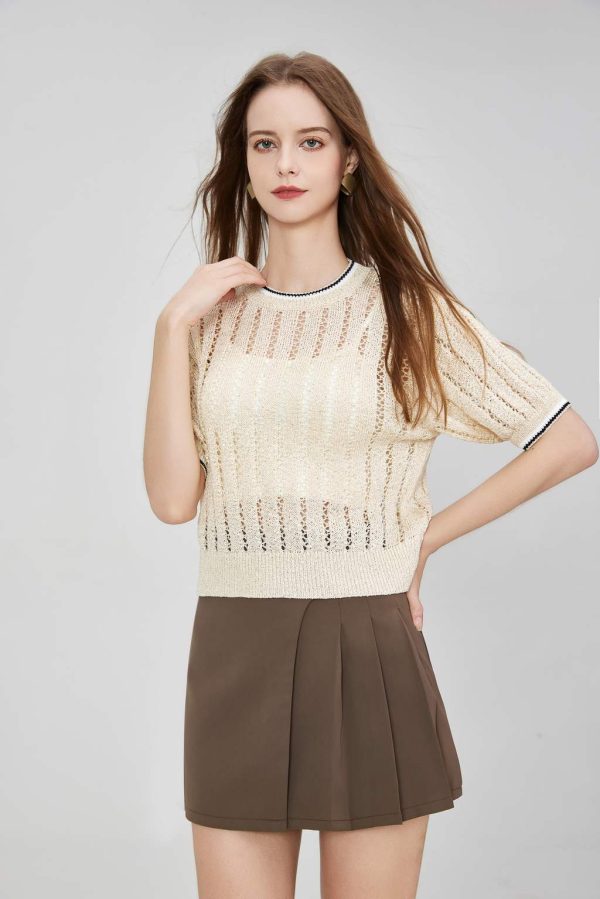Custom Women's Casual Striped Three-Quarter Sleeve Breathable Hollow Knit Top Dazzling Ribbed Net Sweater Knitwear