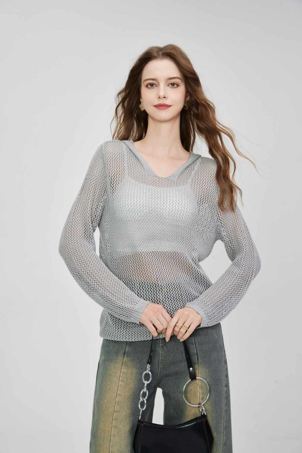 2025 Women's Crochet Lightweight Hooded Long Sleeve Hollow Mesh Knitted Hoodie Long Sleeve Pullover Cordless Knitted Top - 图片 2