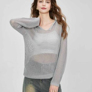 2025 Women's Crochet Lightweight Hooded Long Sleeve Hollow Mesh Knitted Hoodie Long Sleeve Pullover Cordless Knitted Top