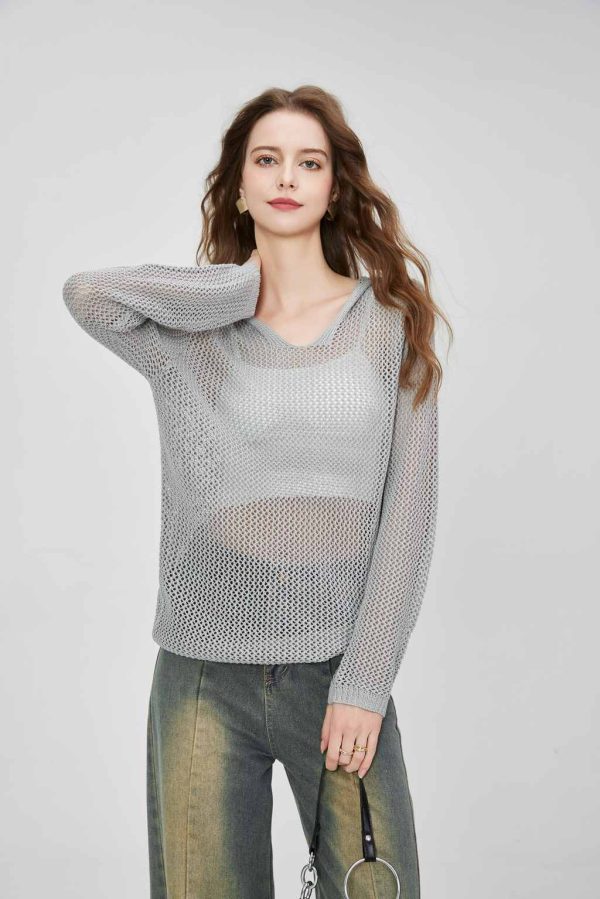 2025 Women's Crochet Lightweight Hooded Long Sleeve Hollow Mesh Knitted Hoodie Long Sleeve Pullover Cordless Knitted Top