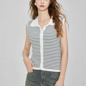 Women's Casual Button Cardigan Sweater Striped Knit POLO Shirt with Notch Collar Lapel and Sleeveless Knitted Vest Pullover